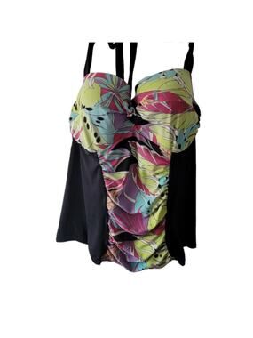 40DDD Lane Bryant halter swim top, flattering gathering, bright tropical print